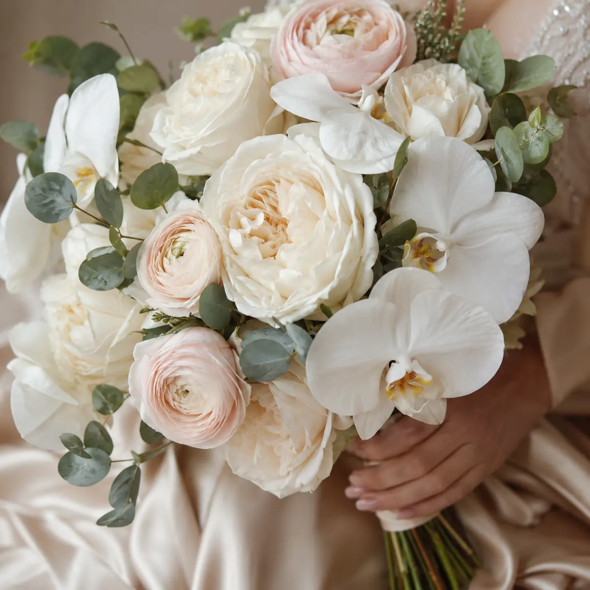 Bridal bouquet of ivory roses, white orchids, and pale blush flowers