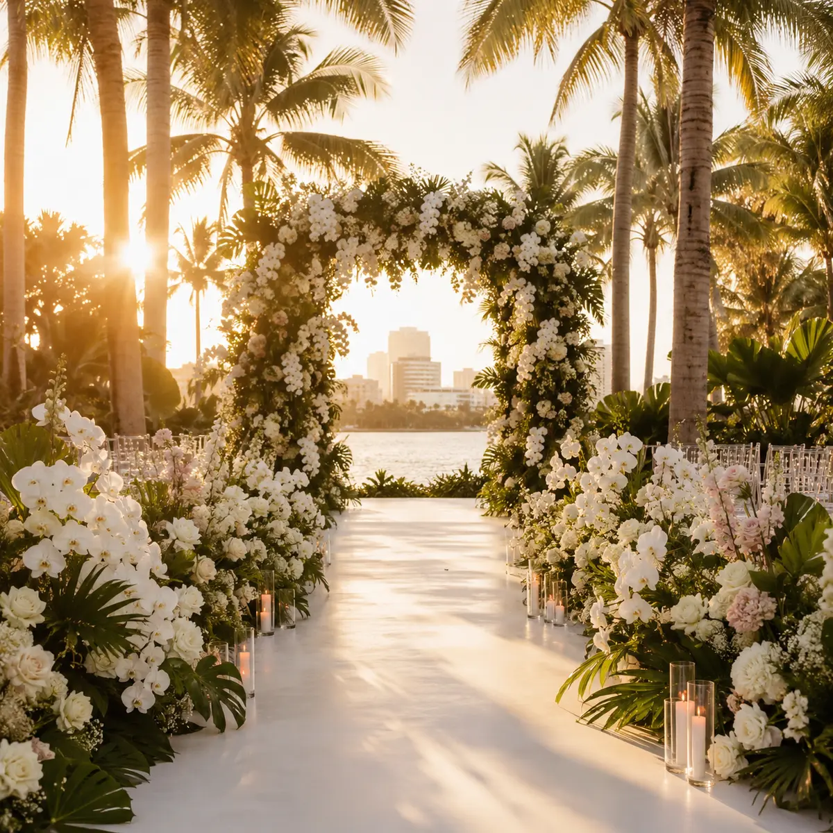 Elegant outdoor wedding aisle lined with white flowers and greenery