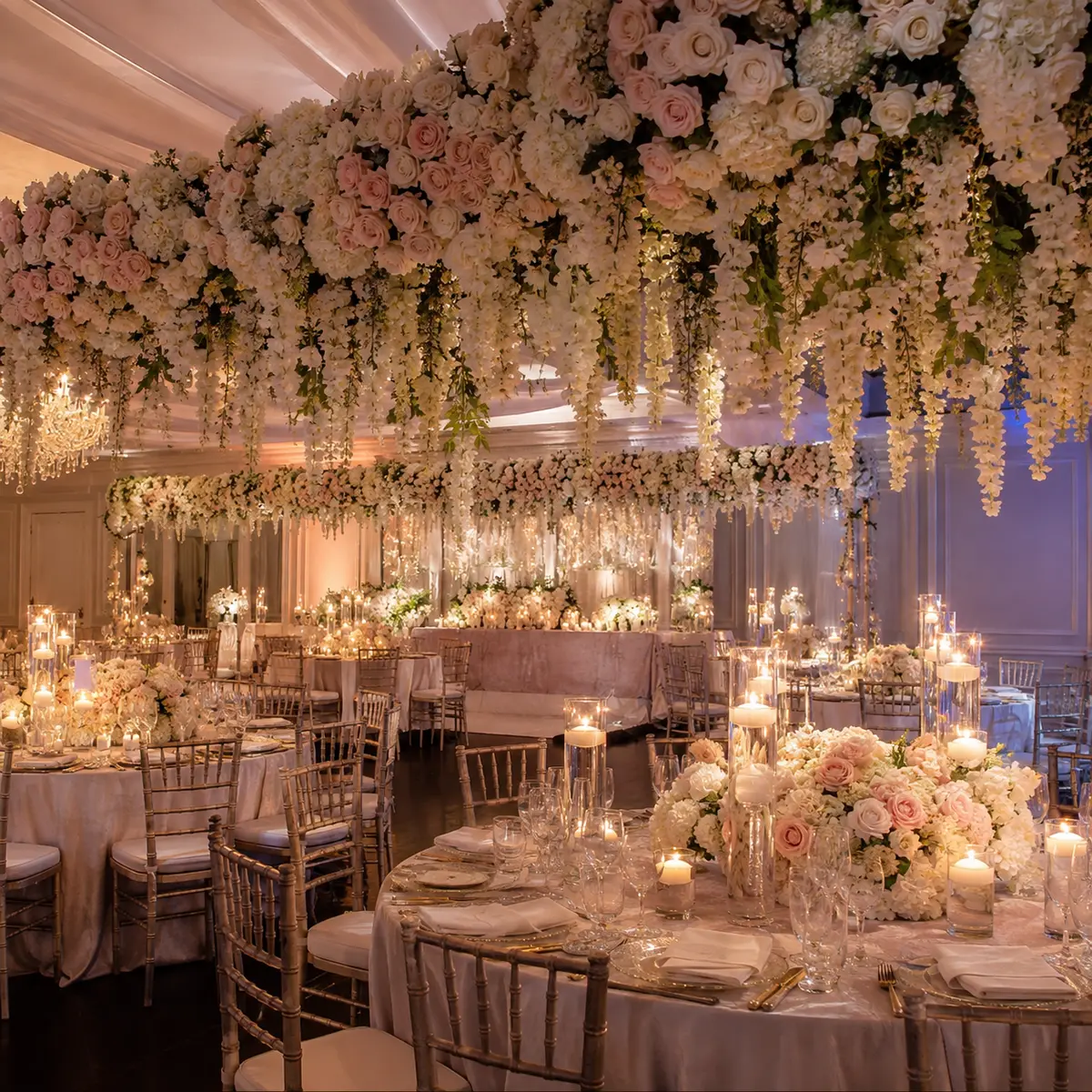 Blush and ivory wedding reception with hanging florals and candlelight