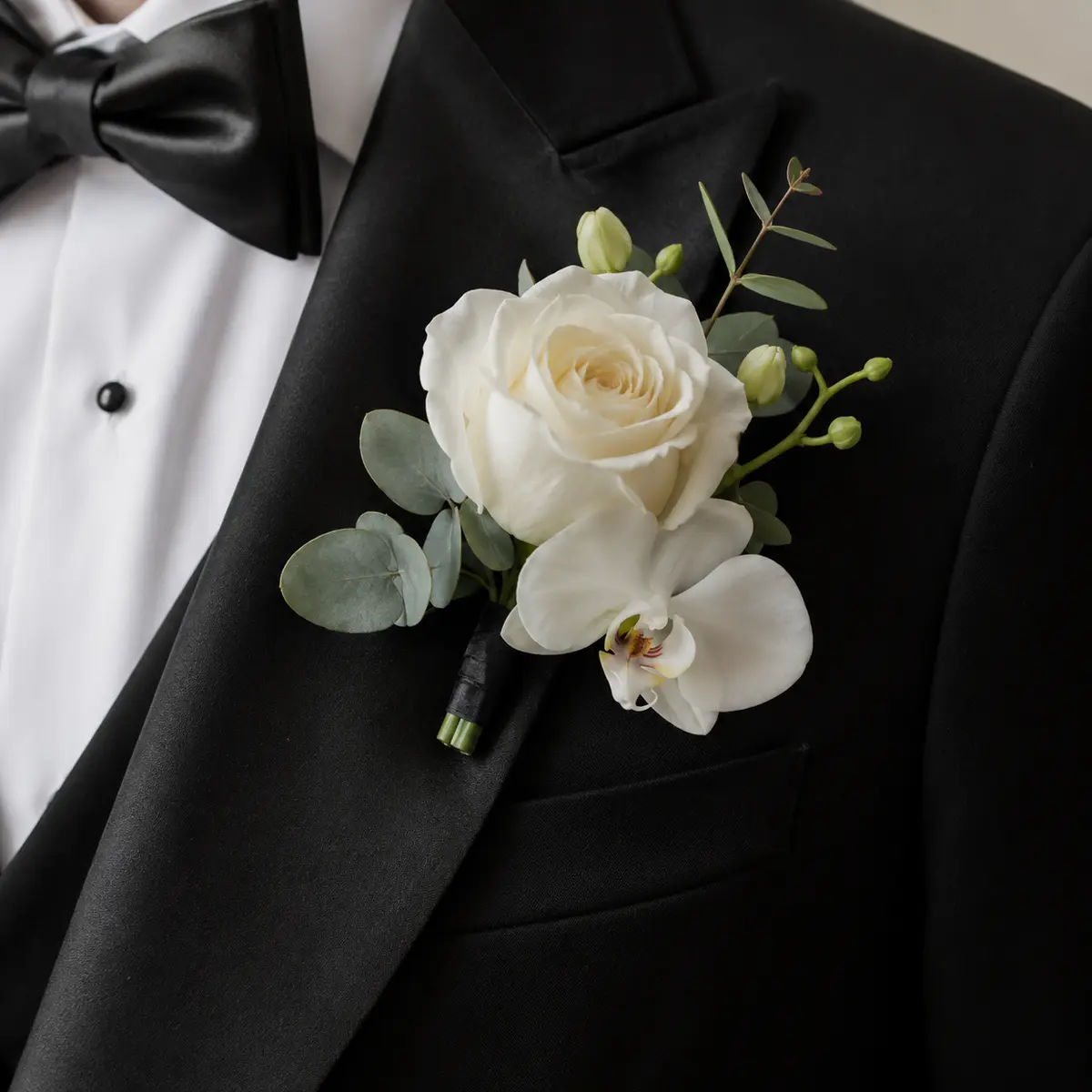 Ivory rose and white orchid boutonniere on a black tuxedo