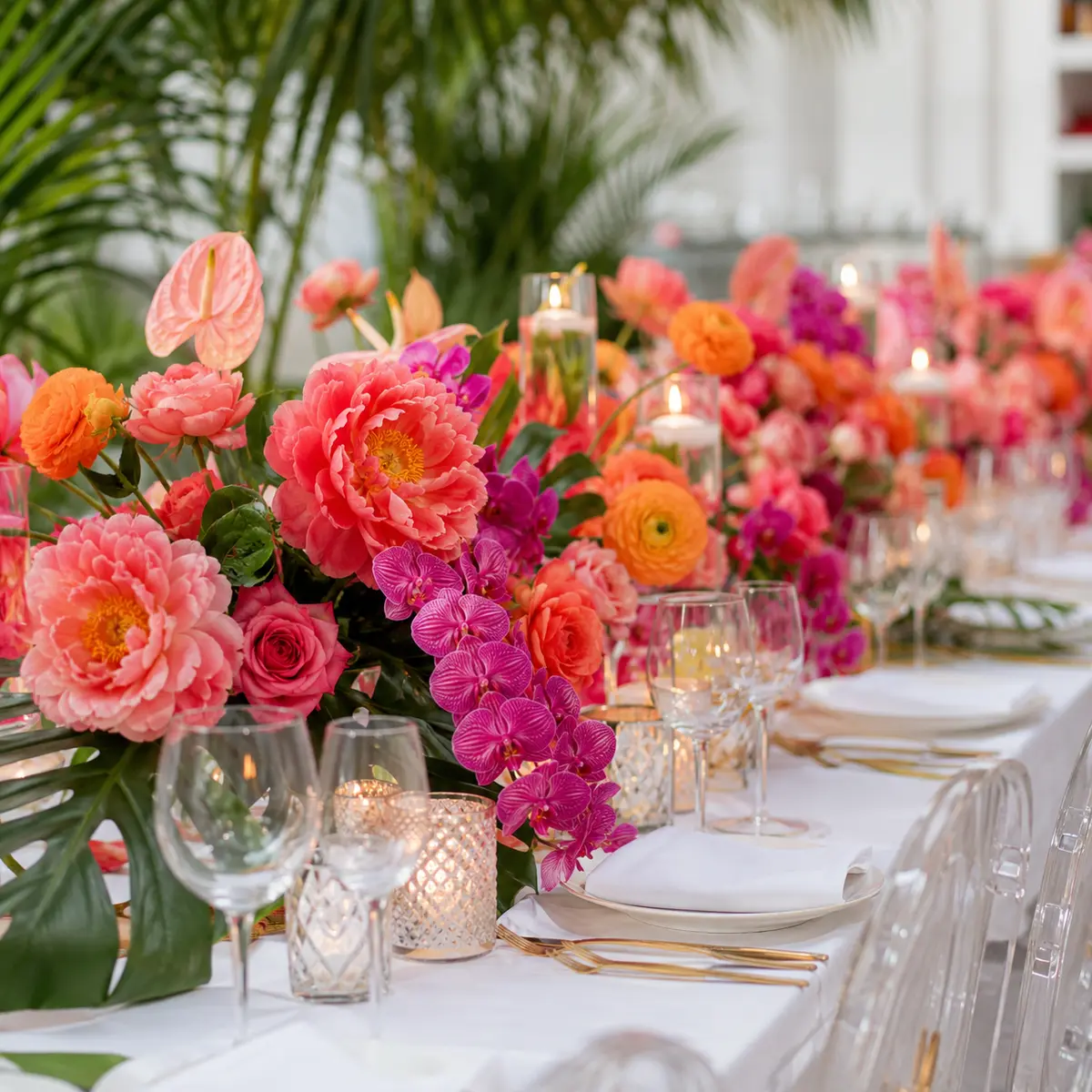 Colorful celebration table with coral, fuchsia, and orange flowers