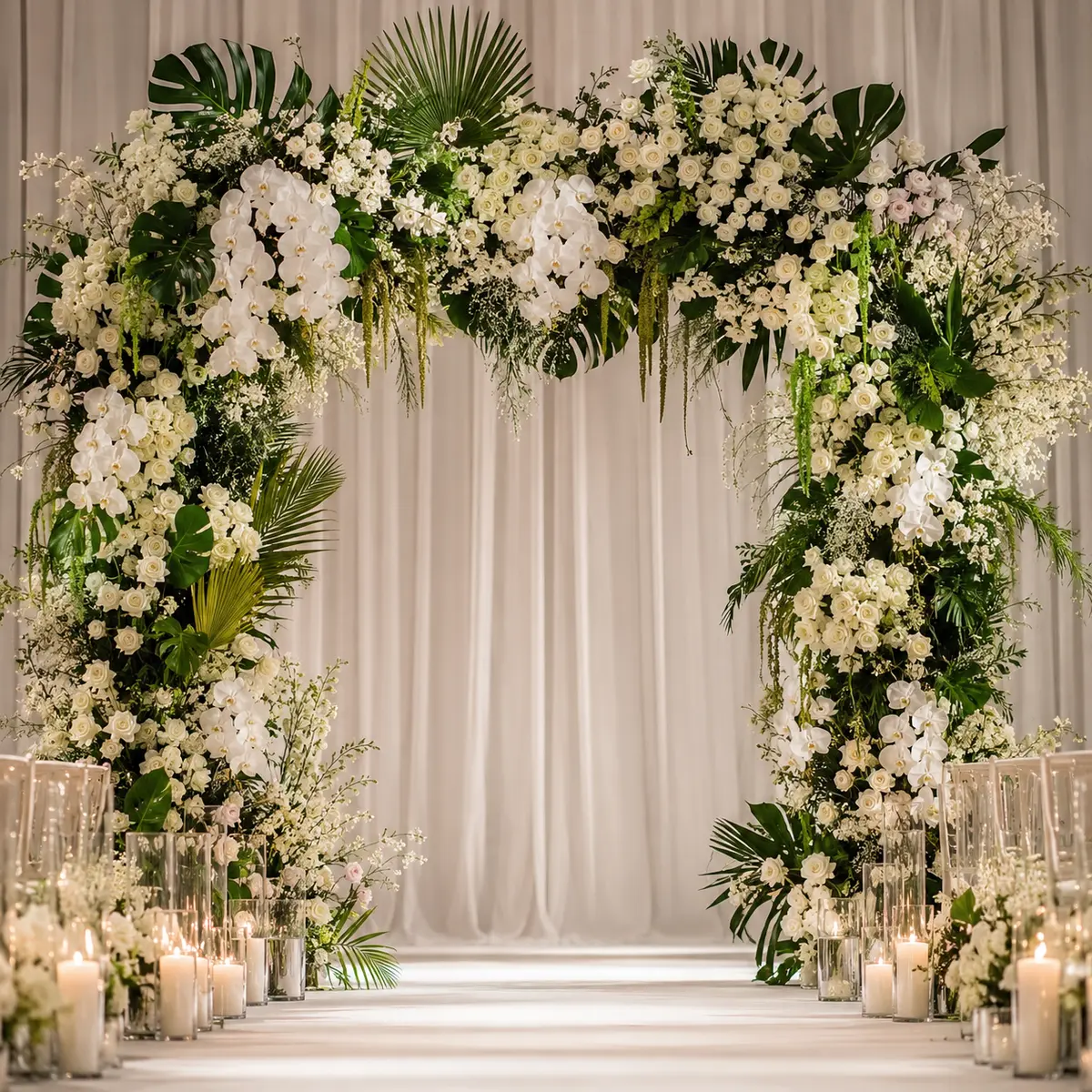 White floral ceremony arch with orchids and tropical greenery