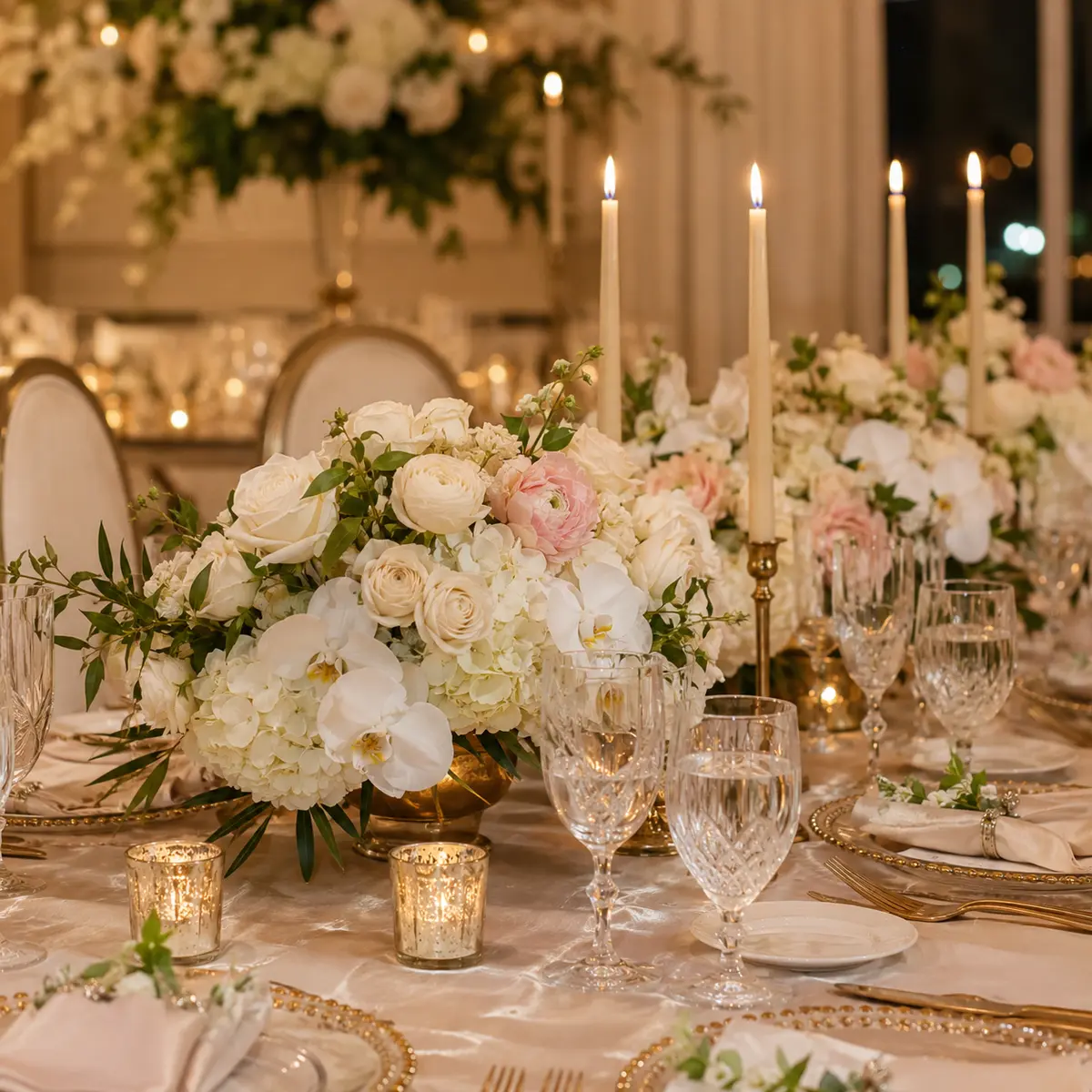 Romantic ivory and blush floral wedding tablescape with candles
