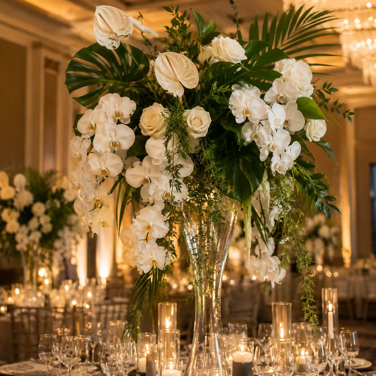 Tall white orchid and tropical greenery wedding centerpiece